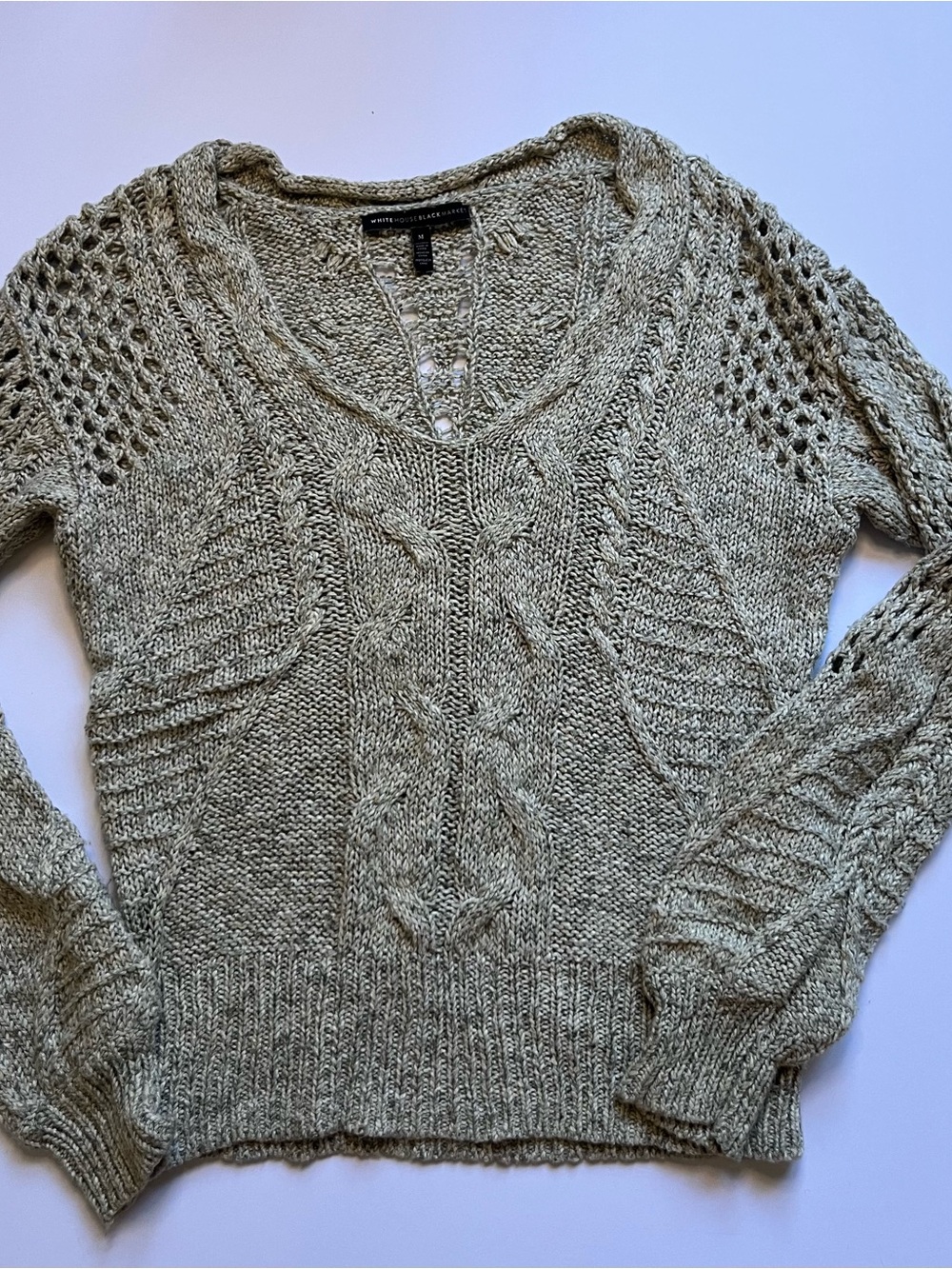 White House Black Market Olive Cable Knit V-Neck Sweater